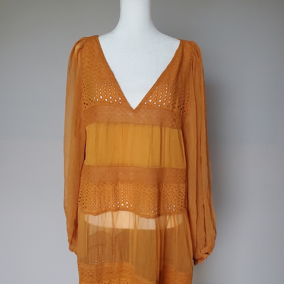 Sundance Adore Moi Dress Boho Lagenlook Maxi Mixed-Media Eyelet in Honey Size L - Picture 5 of 8